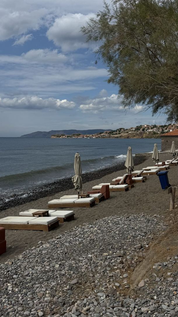 Publiczna plaża z leżakami niedaleko hotelu Delfinia